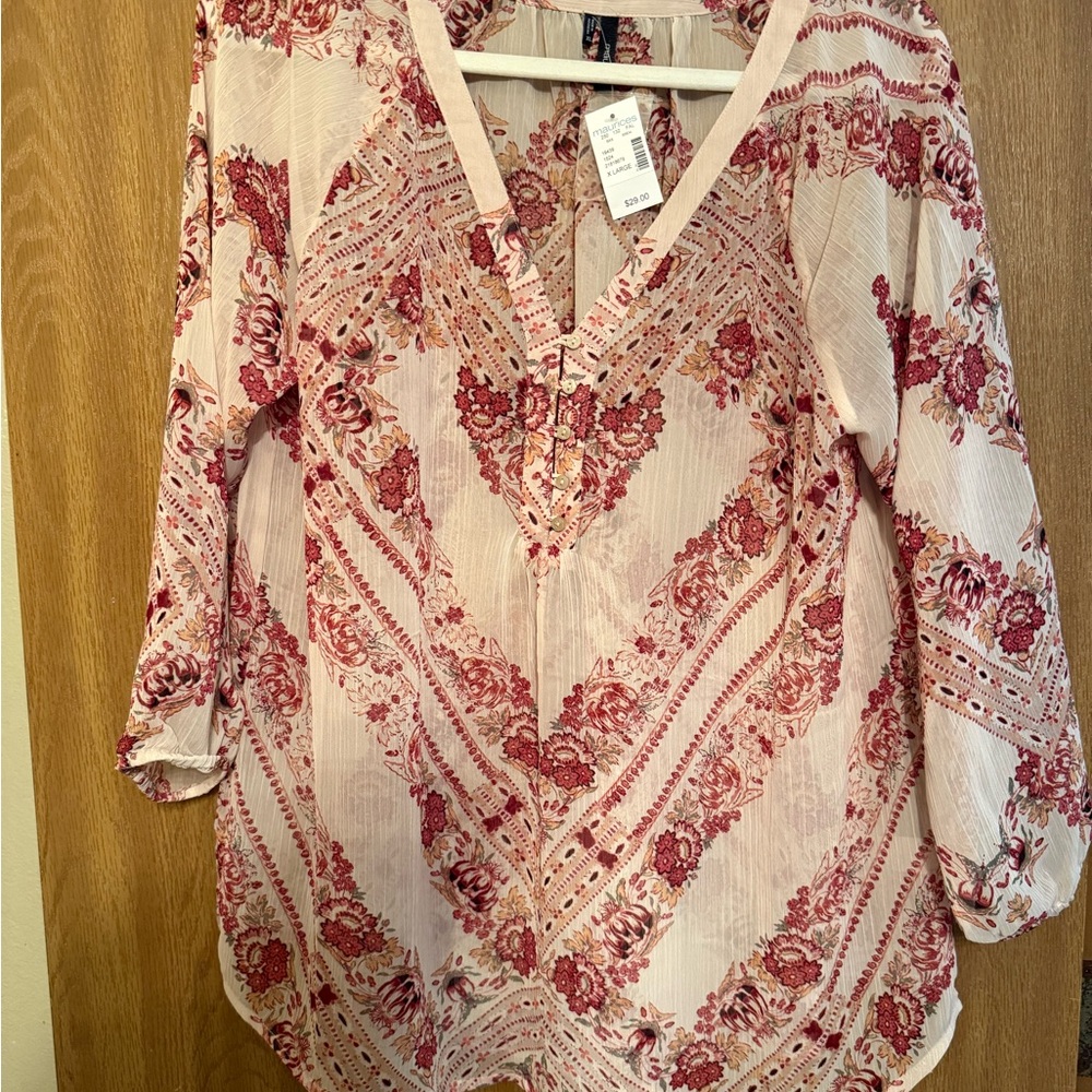 Maurices Cream 3/4 Sleeve Sheer Blouse
